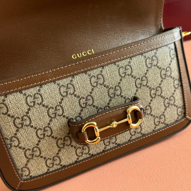 HORSEBIT 1955 SMALL 21.5 IN BEIGE EBONY GG SUPREME BROWN CALFSKIN GOLD HARDWARE