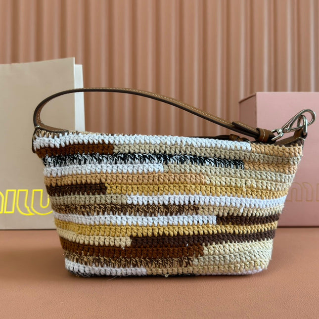 CROCHET SHOULDER BAG 25.5 NATURAL COLOUR-BLOCK WOOL WITH BROWN STRAP CALFSKIN