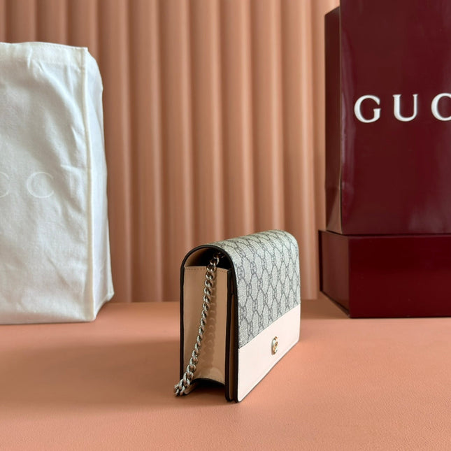 GG MARMONT WALLET ON CHAIN 20 BEIGE AND WHITE IN CALFSKIN