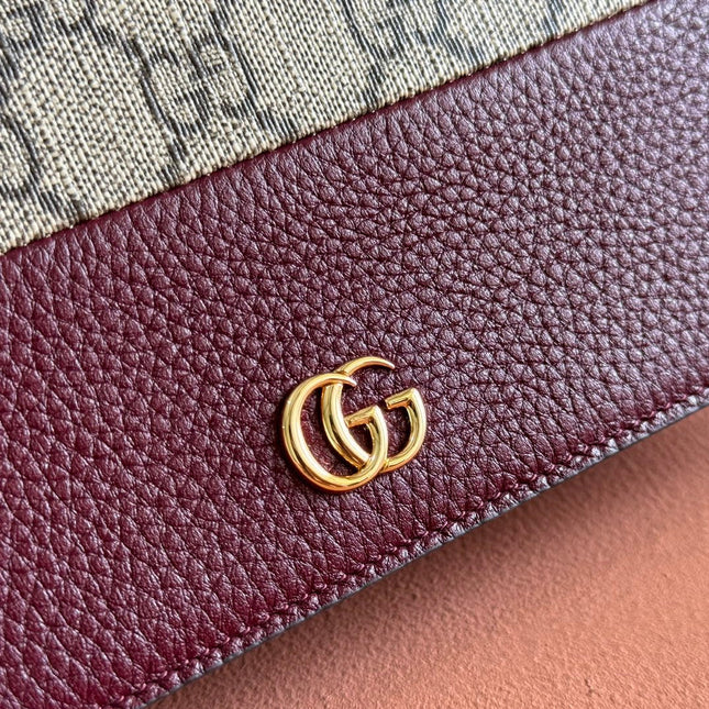 GG MARMONT WALLET ON CHAIN 20 DARK RED AND BEIGE IN CALFSKIN