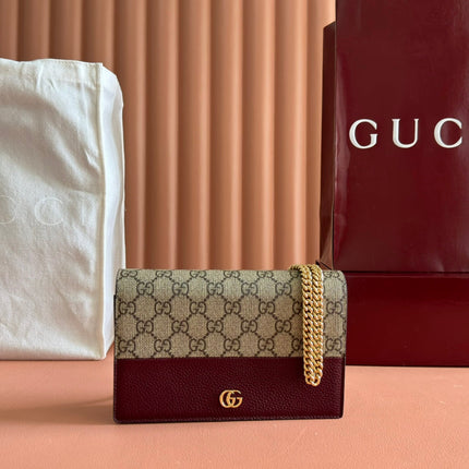 GG MARMONT WALLET ON CHAIN 20 DARK RED AND BEIGE IN CALFSKIN