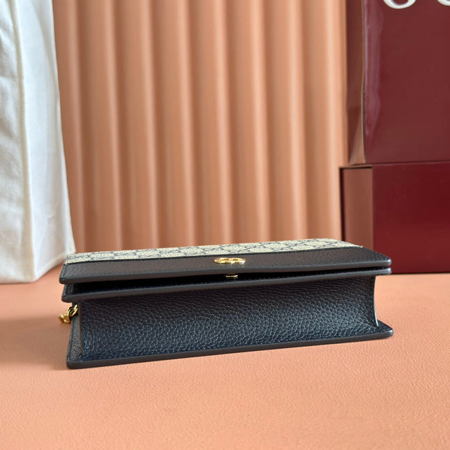 GG MARMONT WALLET ON CHAIN 20 BLUE PVC AND BEIGE IN CALFSKIN