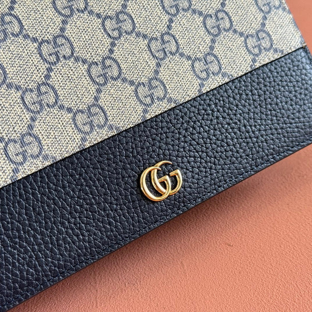 GG MARMONT WALLET ON CHAIN 20 BLUE PVC AND BEIGE IN CALFSKIN