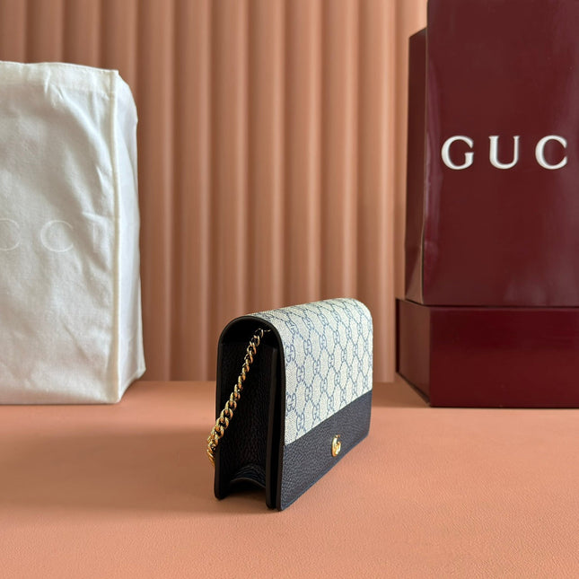 GG MARMONT WALLET ON CHAIN 20 BLUE PVC AND BEIGE IN CALFSKIN