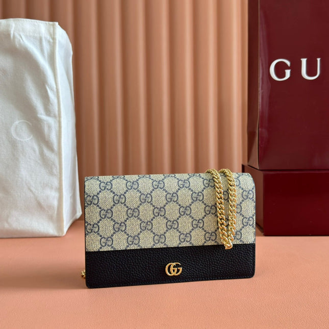 GG MARMONT WALLET ON CHAIN 20 BLUE PVC AND BEIGE IN CALFSKIN