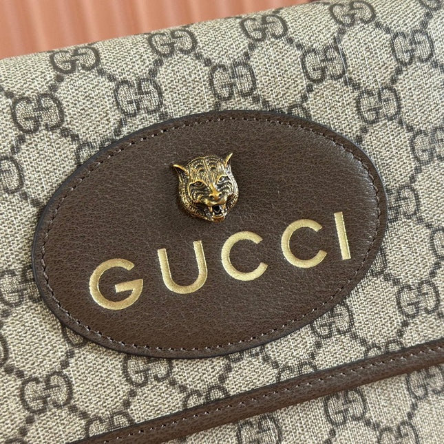 GUCCI NEO VINTAGE TIGER HEAD LARGE CROSSBODY BAG 30 IN CANVAS BROWN LEATHER TRIM