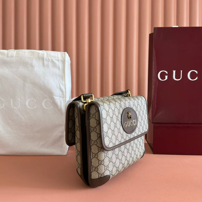 GUCCI NEO VINTAGE TIGER HEAD LARGE CROSSBODY BAG 30 IN CANVAS BROWN LEATHER TRIM