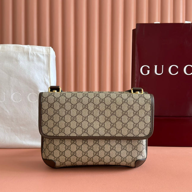 GUCCI NEO VINTAGE TIGER HEAD LARGE CROSSBODY BAG 30 IN CANVAS BROWN LEATHER TRIM