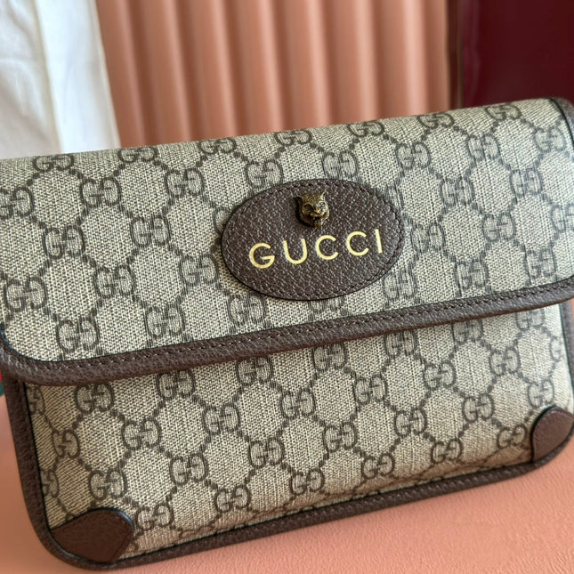 GUCCI NEO VINTAGE TIGER HEAD CROSSBODY BAG 24 IN CANVAS BROWN LEATHER TRIM