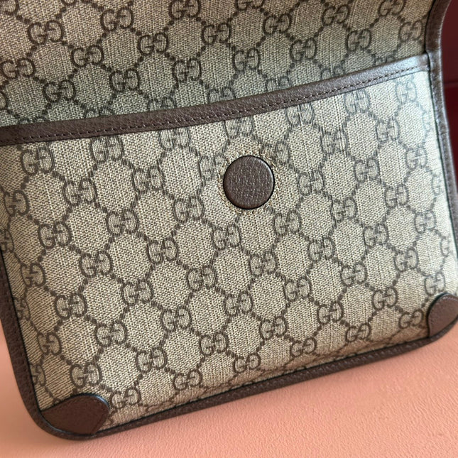 GUCCI NEO VINTAGE TIGER HEAD CROSSBODY BAG 24 IN CANVAS BROWN LEATHER TRIM