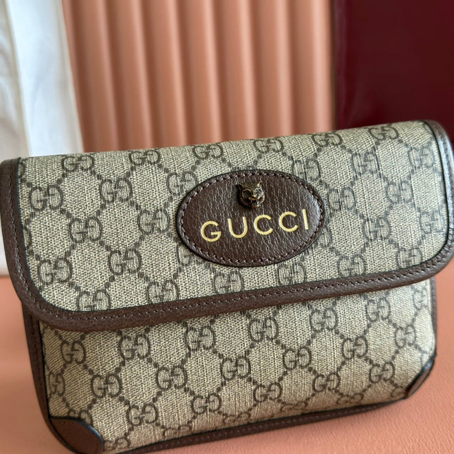 GUCCI NEO VINTAGE TIGER HEAD CROSSBODY BAG 20 IN CANVAS BROWN LEATHER TRIM