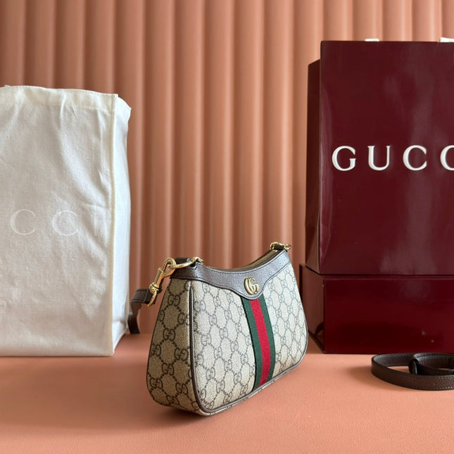 OPHIDIA SMALL SHOULDER BAG 26 IN BEIGE AND DARK BROWN CANVAS