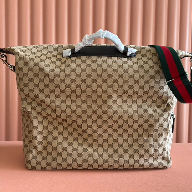 GUCCI 25S OPHIDIA MEDIUM DUFFLE BAG 44 IN BEIGE CANVAS AND BROWN CALFSKIN
