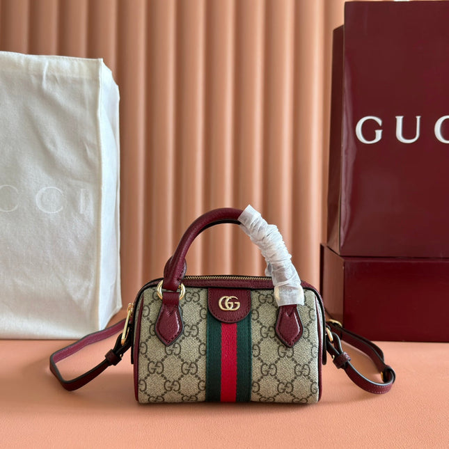 GUCCI 25S OPHIDIA MINI BOSTON BAG 16 IN BEIGE CANVAS AND ROSSO ANCORA CALFSKIN