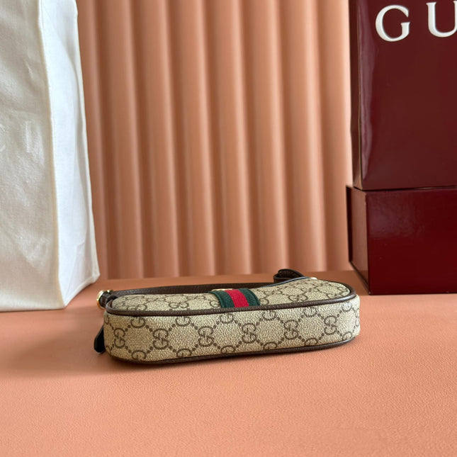 GUCCI 25S OPHIDIA SMALL SHOULDER BAG 19 IN BEIGE CANVAS AND BROWN CALFSKIN