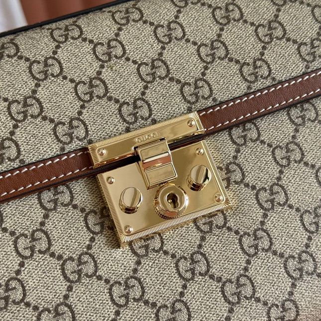 GUCCI 25S PADLOCK BAG 26 IN BEIGE CANVAS AND BROWN CALFSKIN