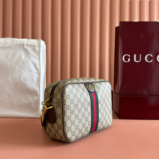 GUCCI 25S OPHIDIA CROSSBODY BAG 28 IN BEIGE CANVAS AND BROWN CALFSKIN