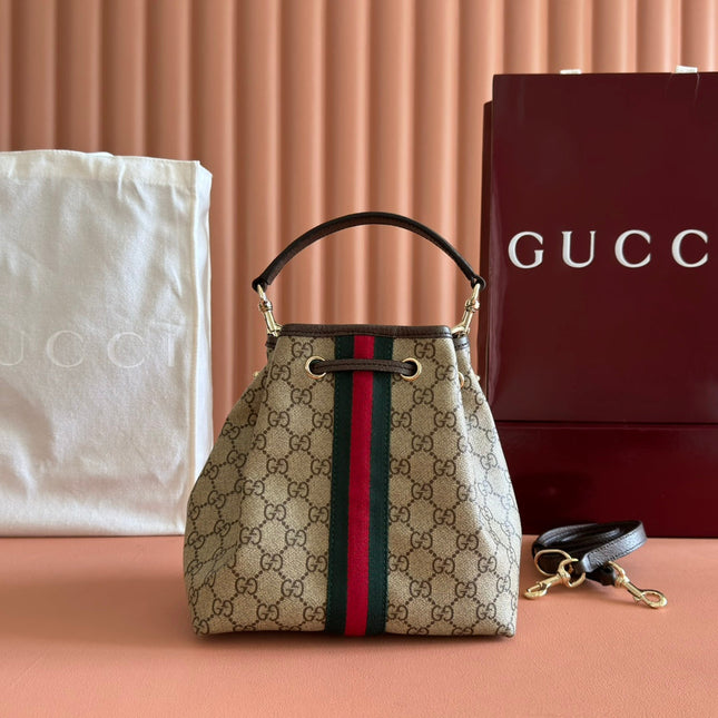 GUCCI 25S OPHIDIA SMALL BUCKET BAG 22 IN BEIGE CANVAS AND BROWN CALFSKIN