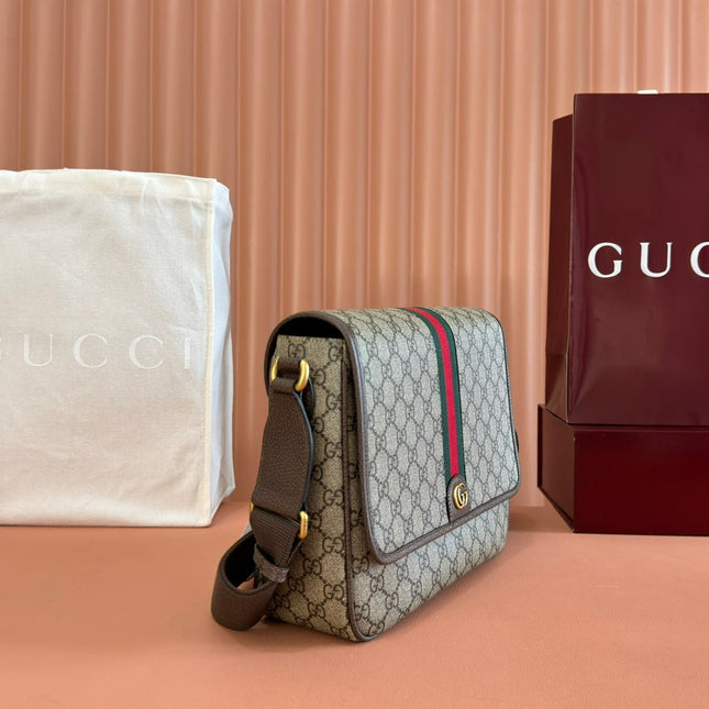 GUCCI 25S OPHIDIA MEDIUM CROSSBODY BAG 28 IN BEIGE CANVAS AND BROWN CALFSKIN