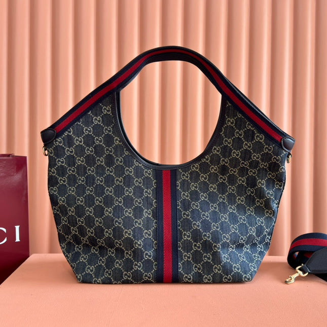 GUCCI 25S GIGLIO LARGE TOTE BAG 50 IN BLUE AND WHITE DENIM