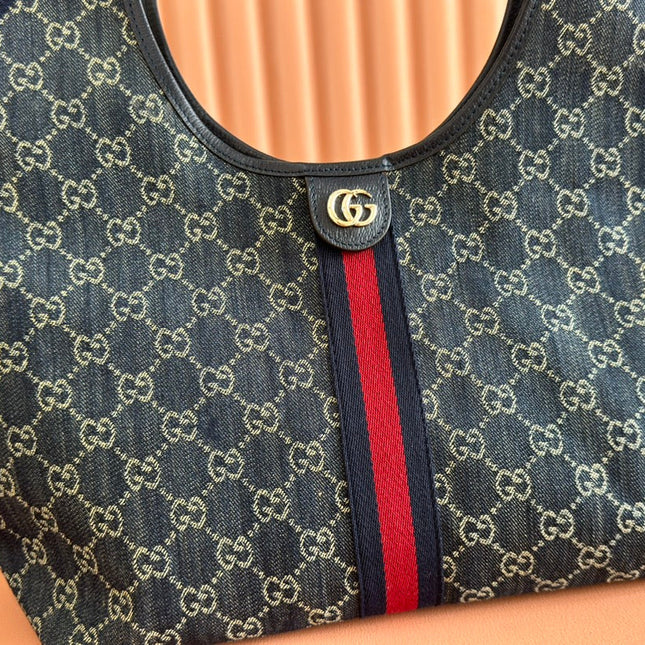 GUCCI 25S GIGLIO LARGE TOTE BAG 50 IN BLUE AND WHITE DENIM