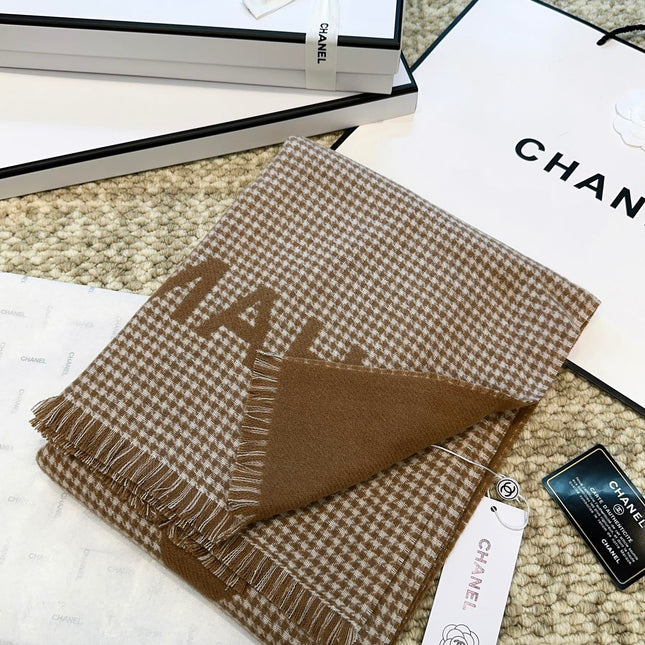 HOUNDSTOOTH SCARF 185 CM IN CAMEL BROWN CASHMERE 393124