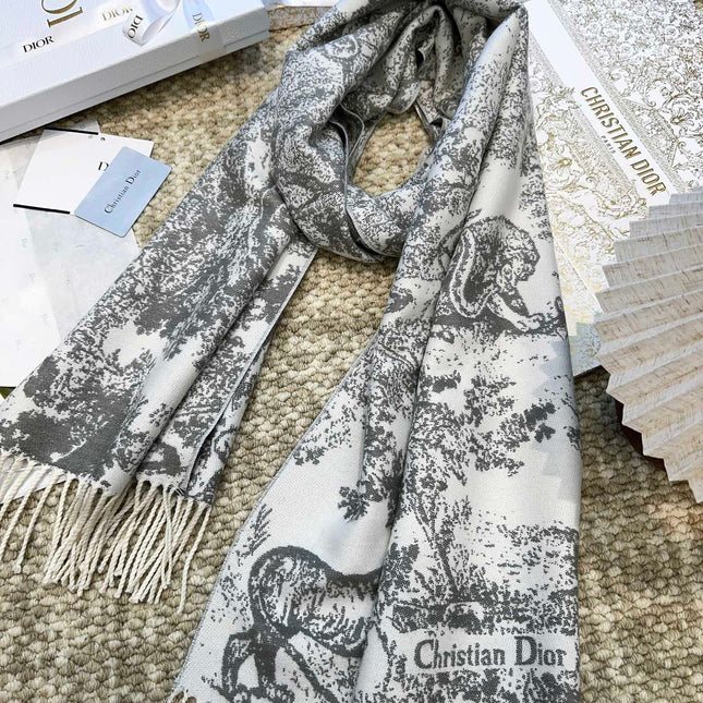 SCARF 220 CM IN WHITE MIX LIGHT GRAY MONOGRAM CASHMERE AND WOOL 413657