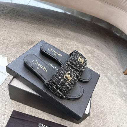 PLATFORM SLIPPERS LOGO IN BLACK TWEED AND LAMBSKIN