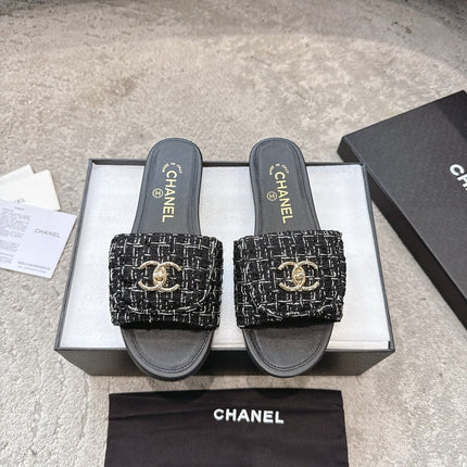 PLATFORM SLIPPERS LOGO IN BLACK TWEED AND LAMBSKIN