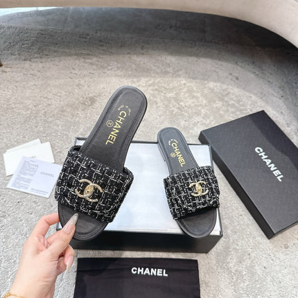 PLATFORM SLIPPERS LOGO IN BLACK TWEED AND LAMBSKIN