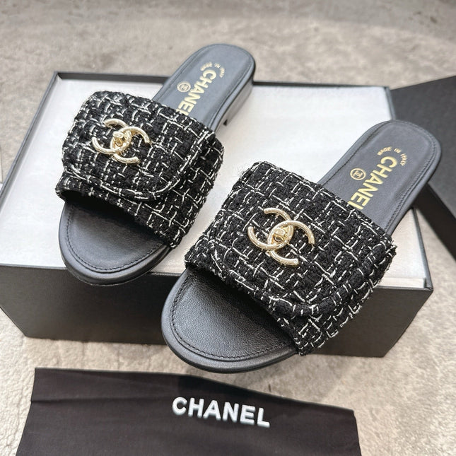 PLATFORM SLIPPERS LOGO IN BLACK TWEED AND LAMBSKIN