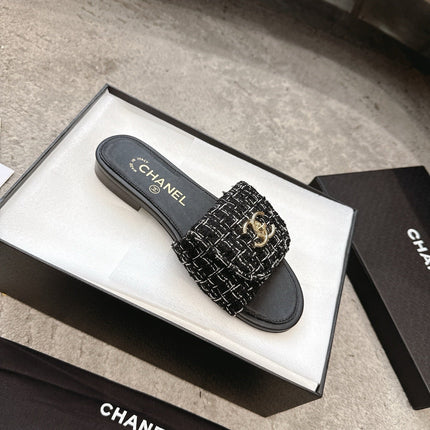 PLATFORM SLIPPERS LOGO IN BLACK TWEED AND LAMBSKIN