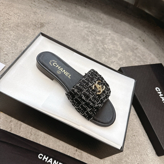 PLATFORM SLIPPERS LOGO IN BLACK TWEED AND LAMBSKIN