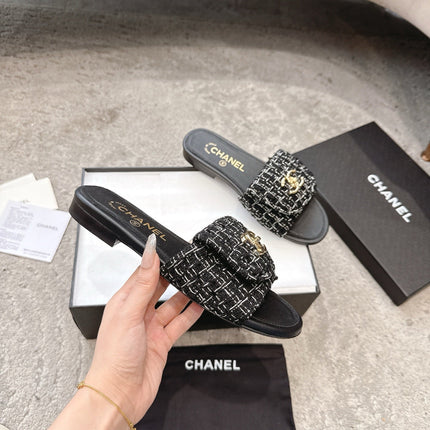 PLATFORM SLIPPERS LOGO IN BLACK TWEED AND LAMBSKIN