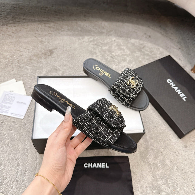 PLATFORM SLIPPERS LOGO IN BLACK TWEED AND LAMBSKIN