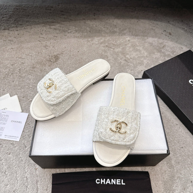 PLATFORM SLIPPERS LOGO IN WHITE TWEED AND LAMBSKIN