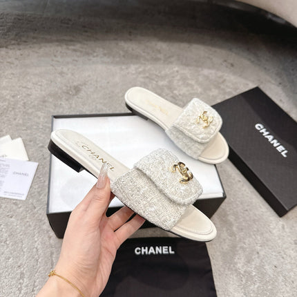 PLATFORM SLIPPERS LOGO IN WHITE TWEED AND LAMBSKIN