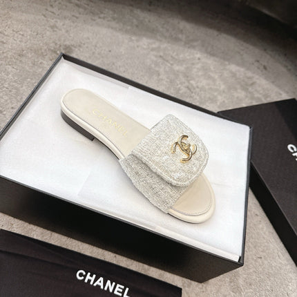 PLATFORM SLIPPERS LOGO IN WHITE TWEED AND LAMBSKIN