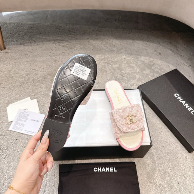 PLATFORM SLIPPERS LOGO IN WHITE MIX PINK TWEED AND LAMBSKIN