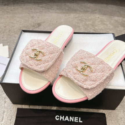 PLATFORM SLIPPERS LOGO IN WHITE MIX PINK TWEED AND LAMBSKIN