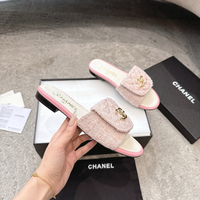 PLATFORM SLIPPERS LOGO IN WHITE MIX PINK TWEED AND LAMBSKIN
