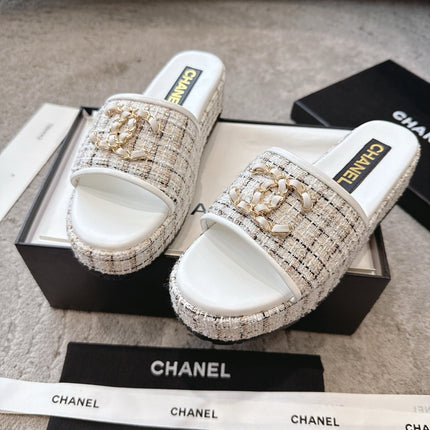 PLASTFORM HEELS IN WHITE TWEED AND CALFSKIN