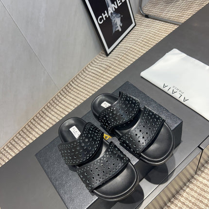 ALAIA CHUNKY TWO-STRAP SLIDES 25S IN BLACK CALFSKIN