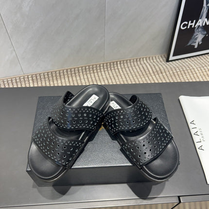ALAIA CHUNKY TWO-STRAP SLIDES 25S IN BLACK CALFSKIN
