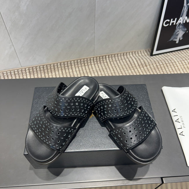 ALAIA CHUNKY TWO-STRAP SLIDES 25S IN BLACK CALFSKIN