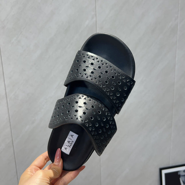 ALAIA CHUNKY TWO-STRAP SLIDES 25S IN BLACK CALFSKIN