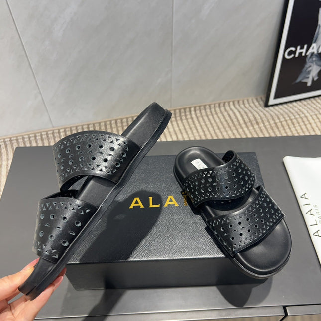 ALAIA CHUNKY TWO-STRAP SLIDES 25S IN BLACK CALFSKIN