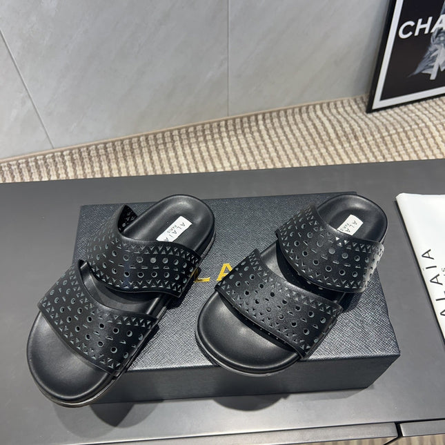 ALAIA CHUNKY TWO-STRAP SLIDES 25S IN BLACK CALFSKIN