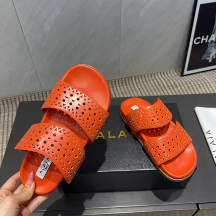 ALAIA CHUNKY TWO-STRAP SLIDES 25S IN ORANGE CALFSKIN