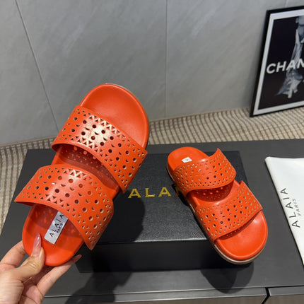 ALAIA CHUNKY TWO-STRAP SLIDES 25S IN ORANGE CALFSKIN